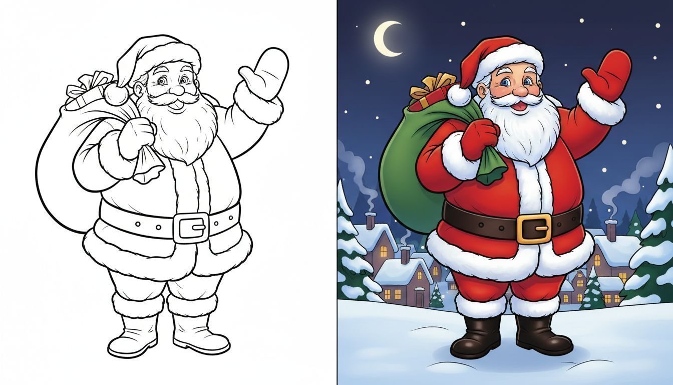 Santa Claus smiling and waving with a gift sack on a black-and-white December coloring page with bold outlines.