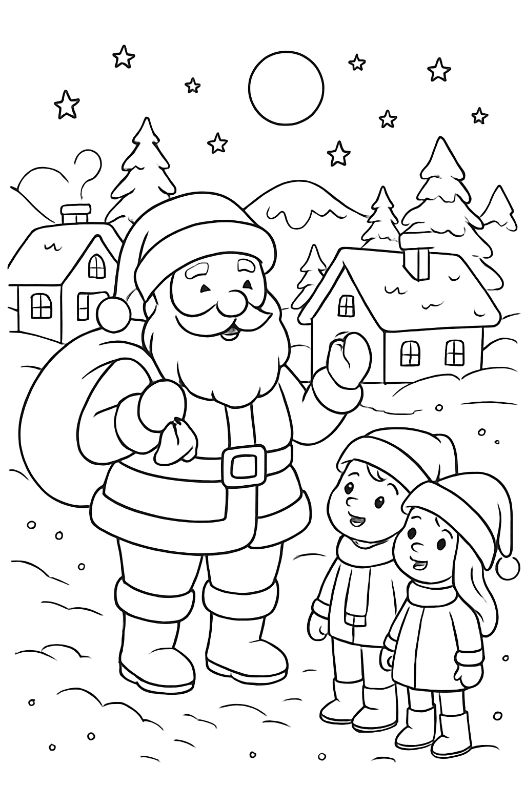 Santa visits a snow-lit village with children on a black-and-white coloring page with bold outlines.