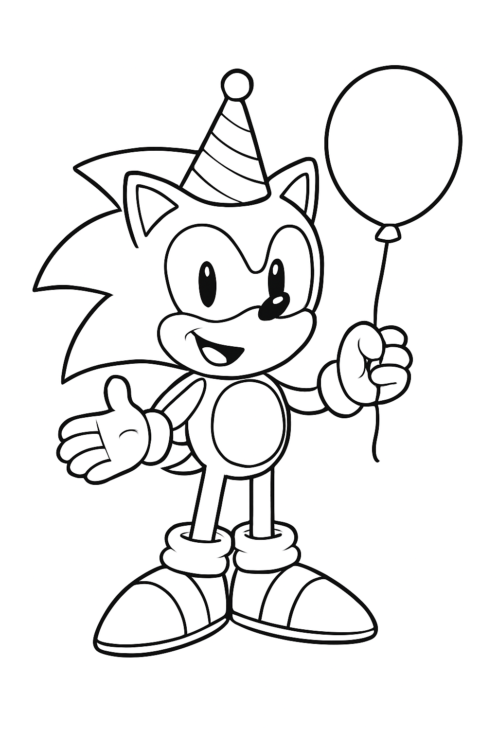 Sonic celebrates a birthday with a balloon on a black-and-white coloring page with bold outlines.