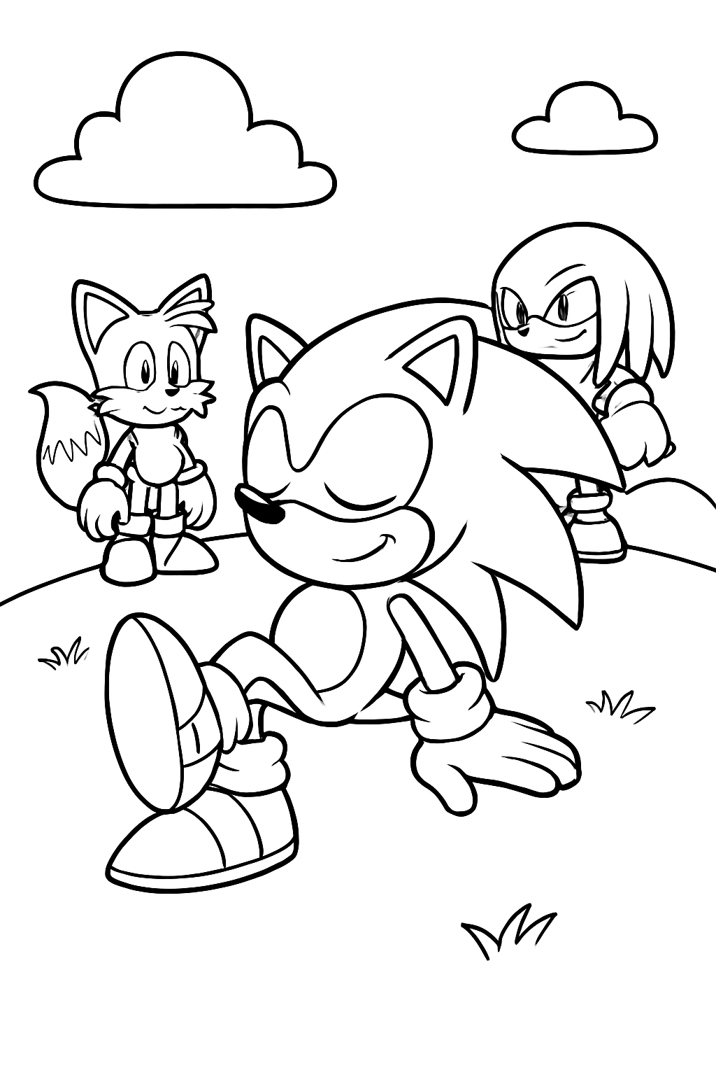 Sonic enjoys a calm hilltop with friends nearby on a black-and-white coloring page with bold outlines.