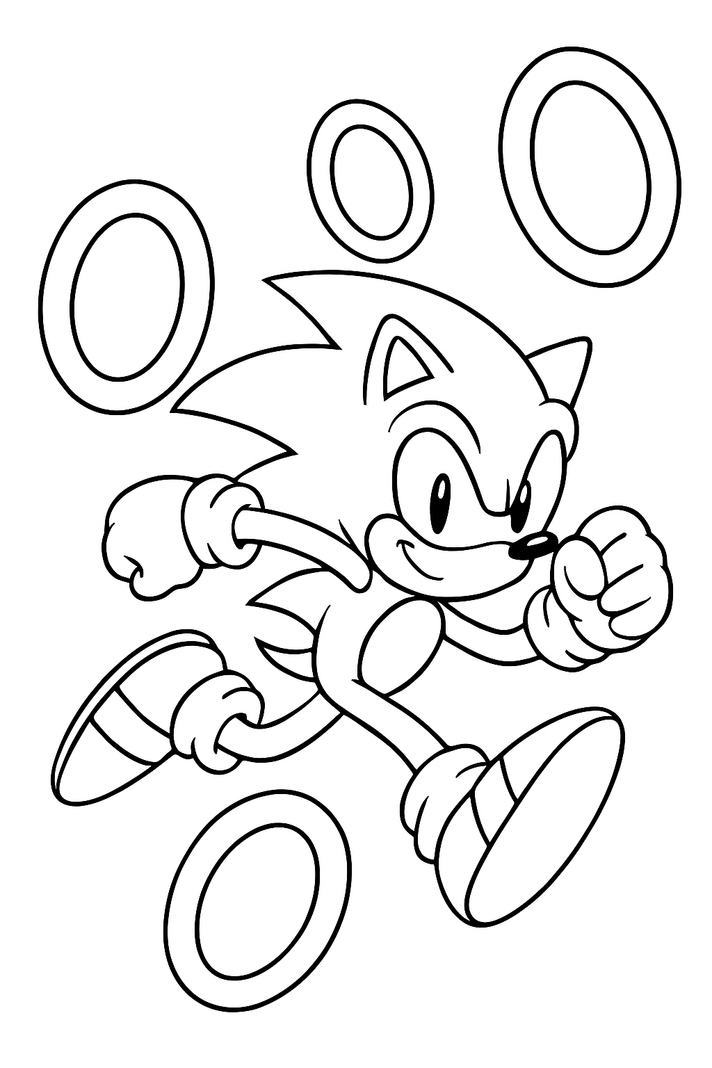 Sonic races through rings in a dynamic pose on a black-and-white coloring page with bold outlines.