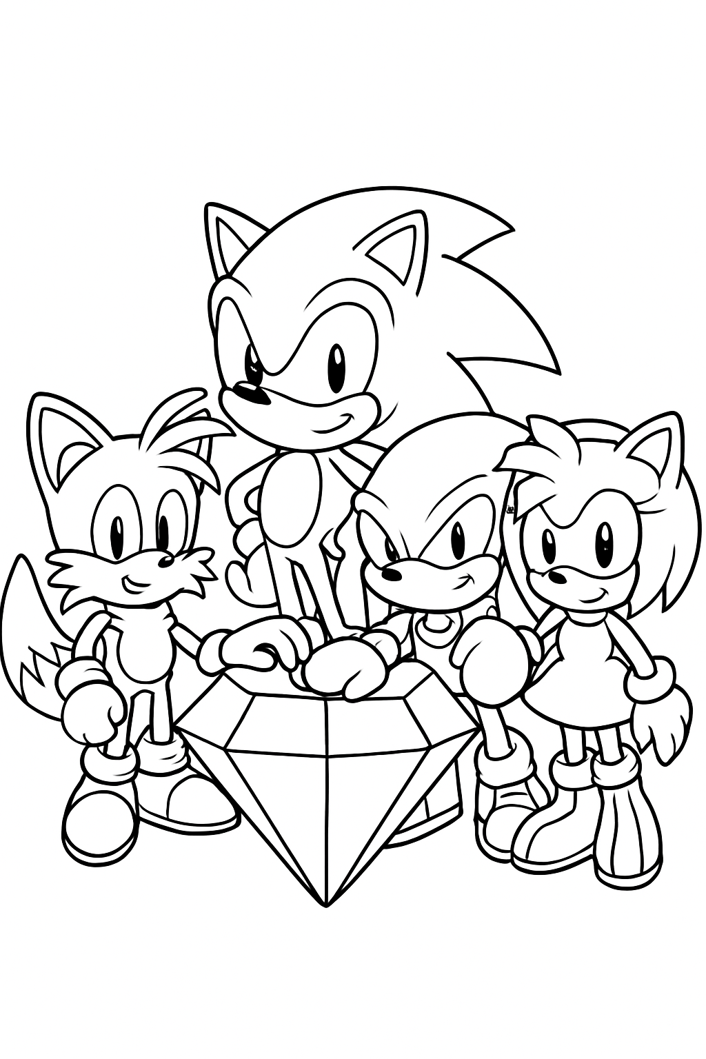 Sonic and friends standing together, guarding an emerald, on a black-and-white coloring page with bold outlines.