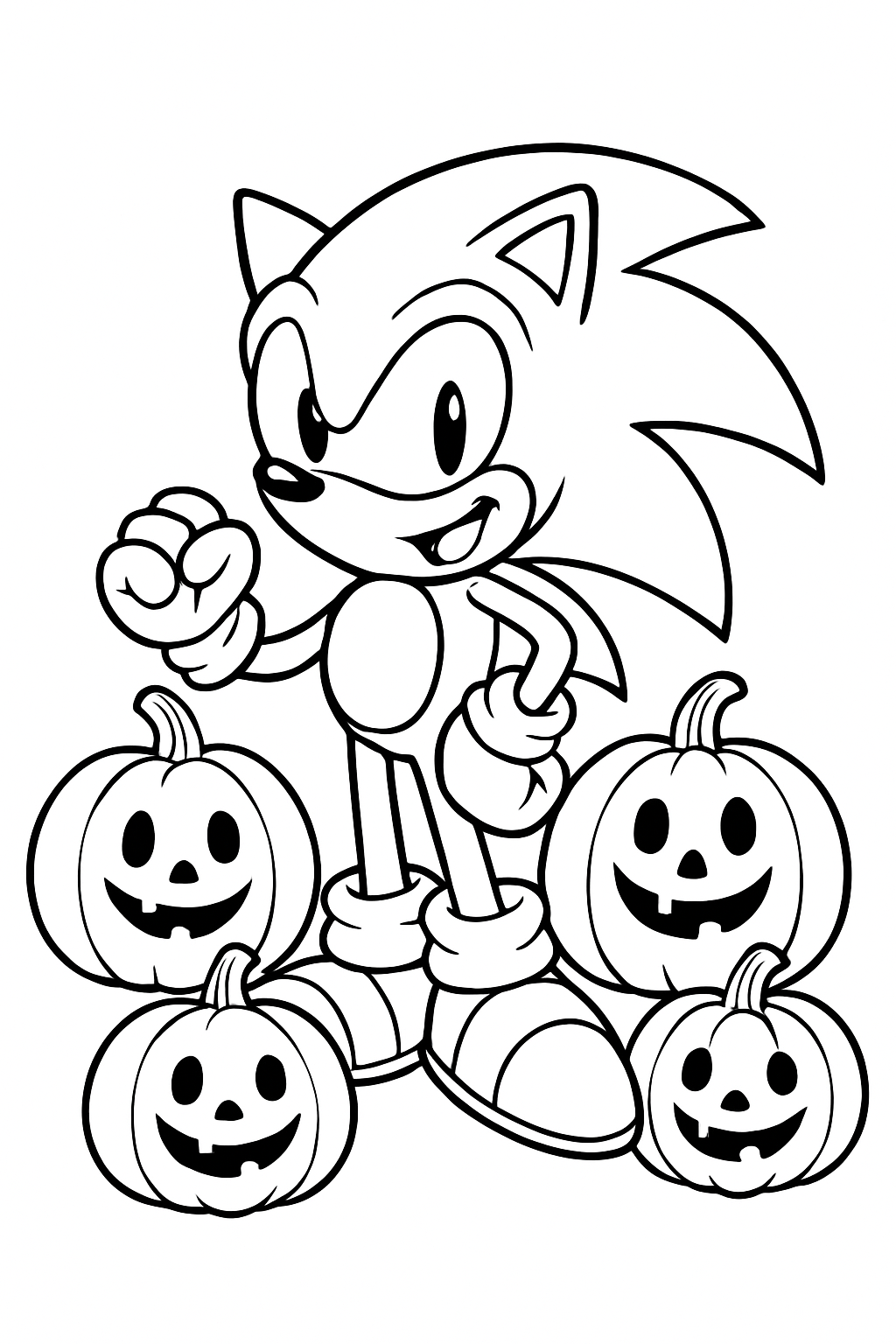 Sonic in a Halloween-themed scene with pumpkins on a black-and-white coloring page with bold outlines.