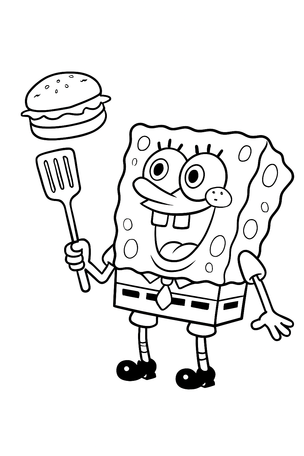 SpongeBob flipping a Krabby Patty with a spatula at the Krusty Krab on a black-and-white coloring page with bold outlines.