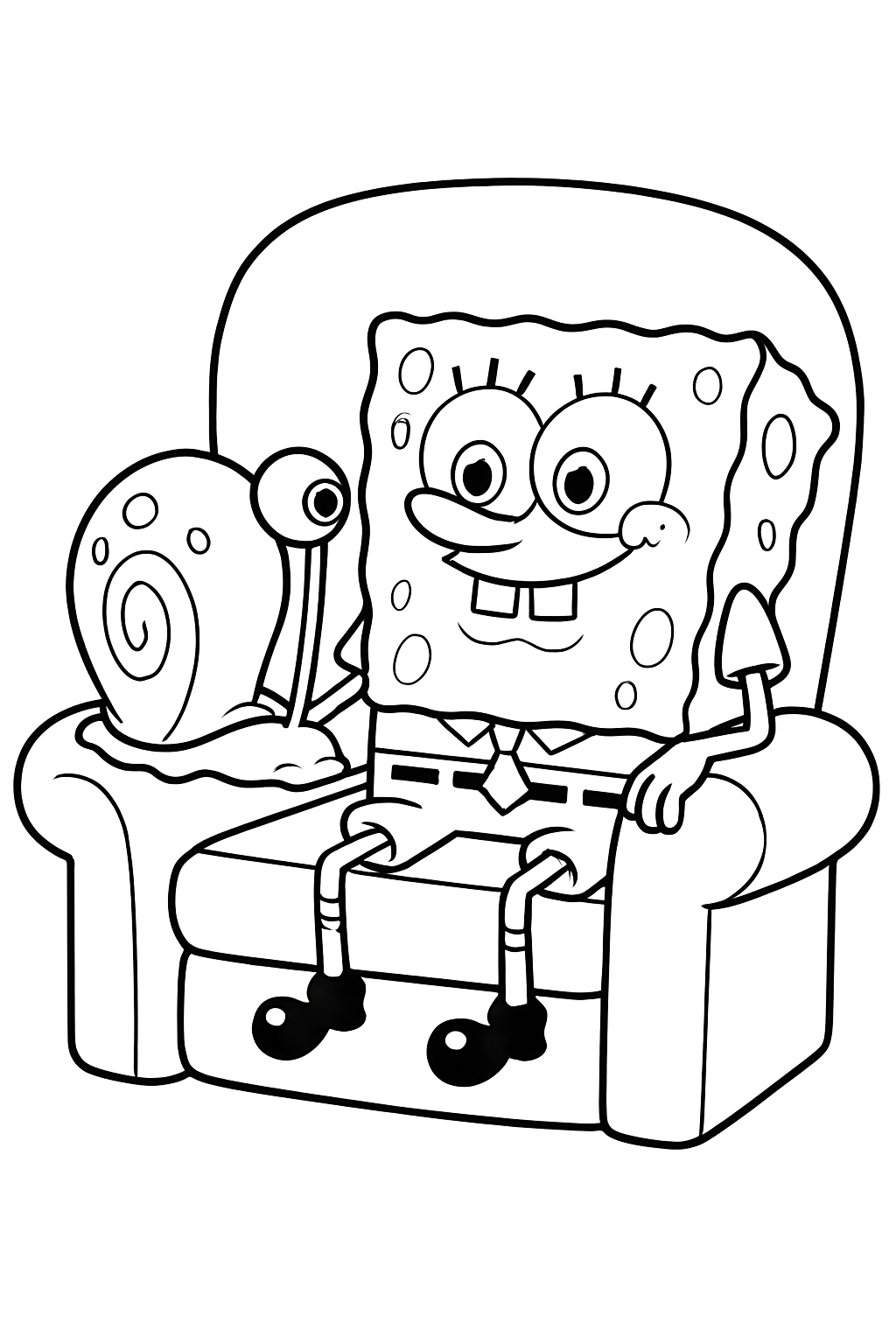SpongeBob shares a moment with Gary in a cozy setting on a black-and-white coloring page with bold outlines.