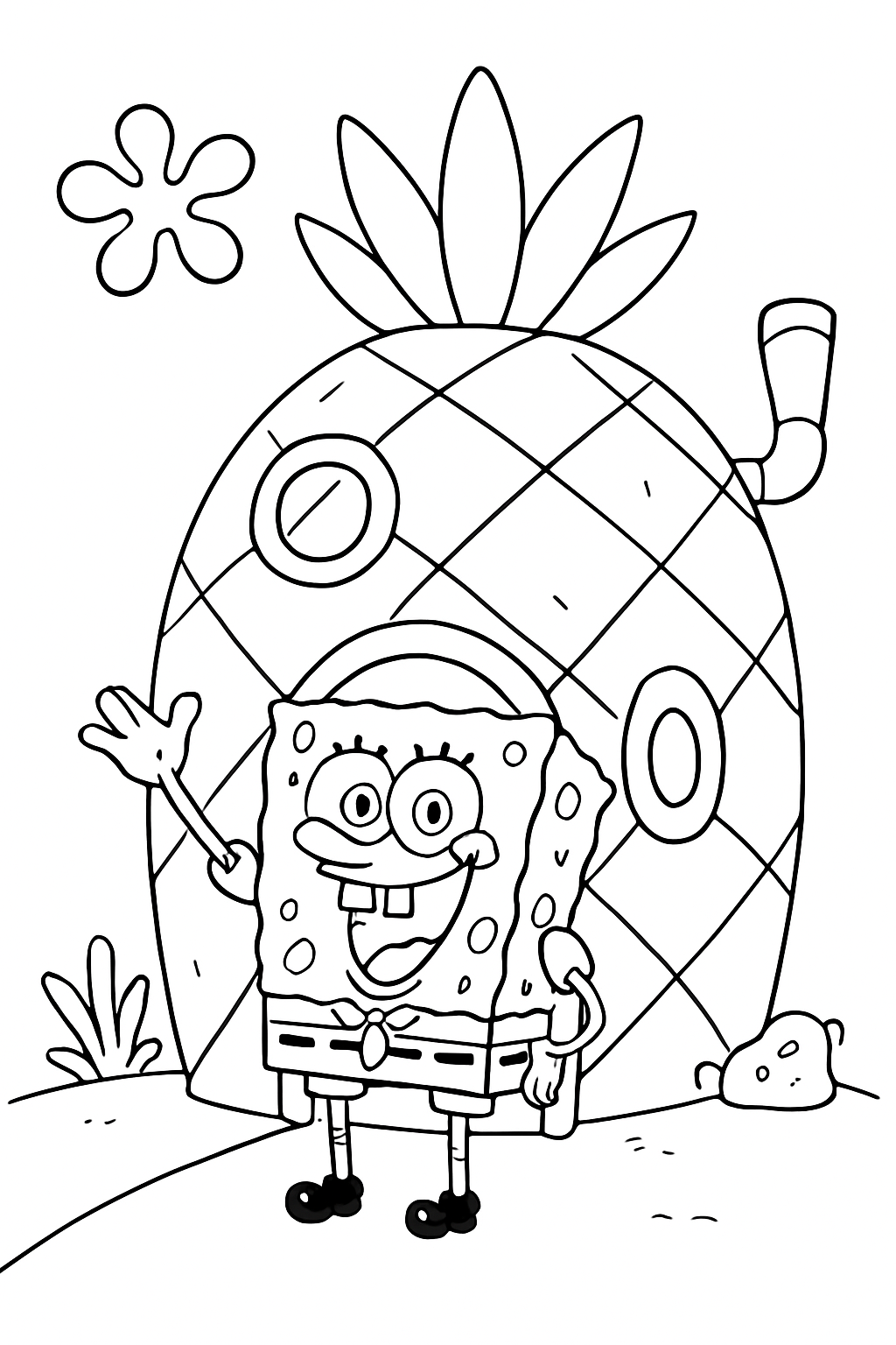 SpongeBob waves from his pineapple house in a calm scene on a black-and-white coloring page with bold outlines.