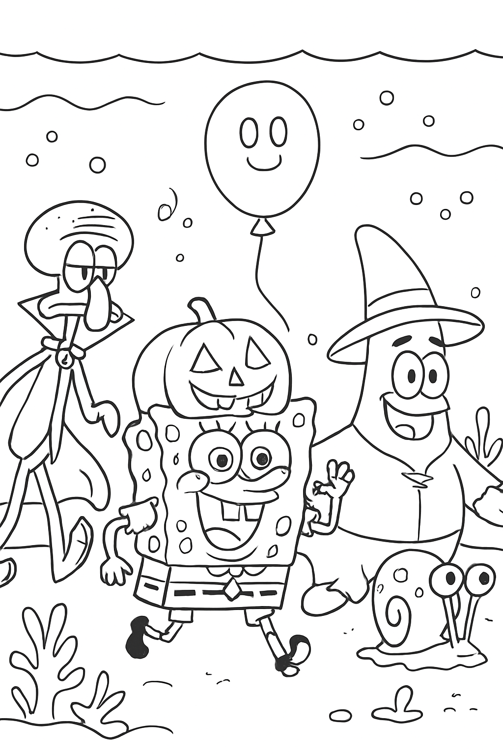SpongeBob and friends in Halloween costumes parading underwater on a black-and-white coloring page with bold outlines.