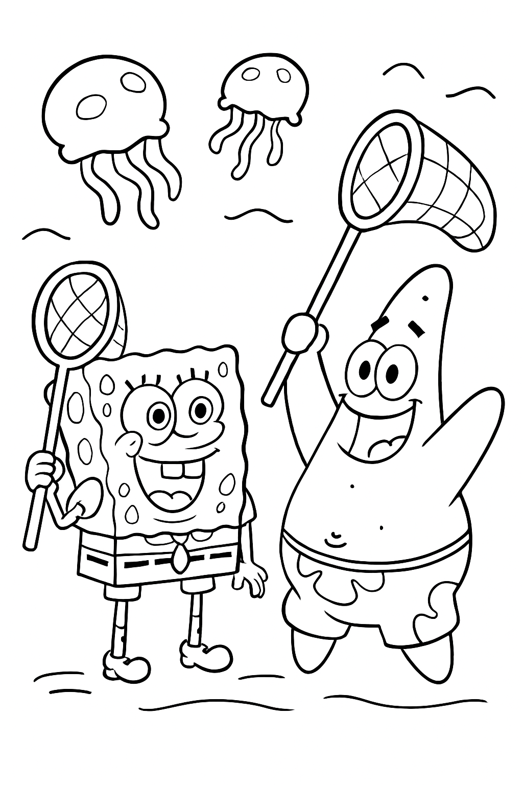 SpongeBob and Patrick jellyfishing together with smiles on a black-and-white coloring page with bold outlines.