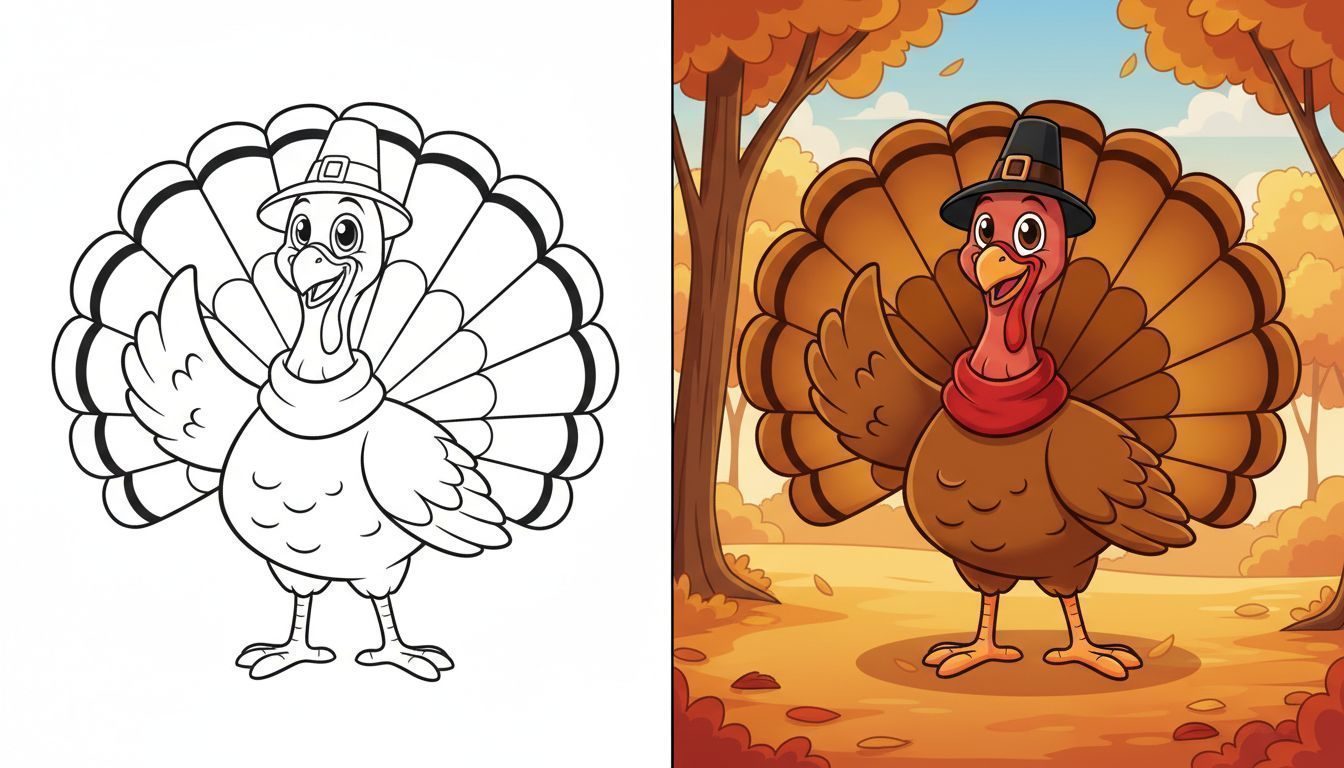 A proud cartoon turkey standing in a welcoming pose on a black-and-white coloring page with bold outlines.