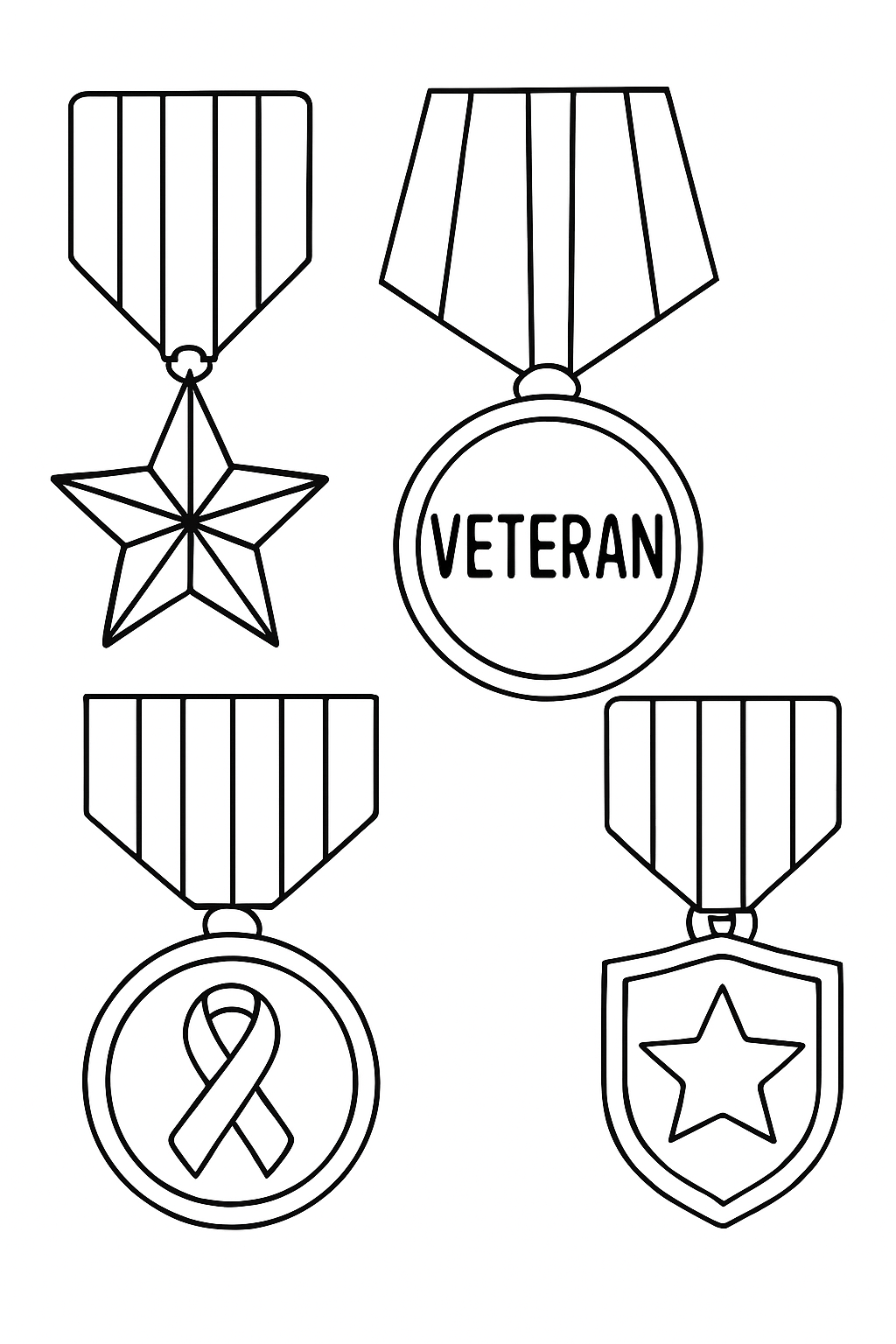 A close-up of medals and ribbons honoring veterans on a black-and-white coloring page with bold outlines.