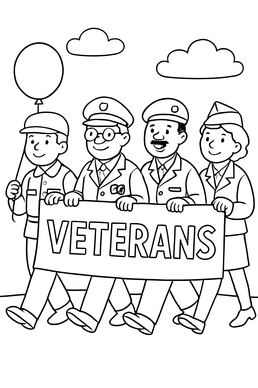 Veterans march in a bannered parade with cheers on a black-and-white coloring page with bold outlines.