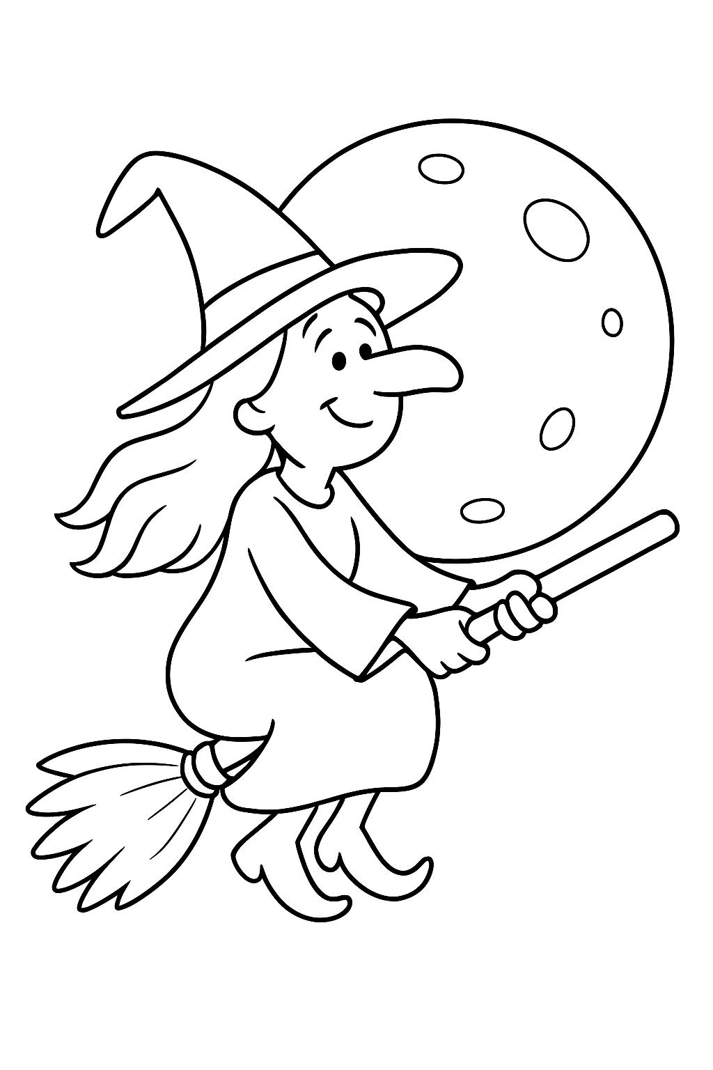 Witch rides a broom, sweeping across the moon on a black-and-white coloring page with bold outlines.